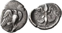 The Kleinkunst Collection ELIS. Olympia. 87th-90th Olympiad, 432-420 BC. Hemidrachm (Silver, 17 mm, 2.69 g, 3 h). Eagle standing facing on prey animal, wings spread and head to left. Rev. Thunderbolt 
