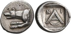 The Kleinkunst Collection ARGOLIS. Argos. Circa 330-270 BC. Triobol (Silver, 16 mm, 2.77 g, 1 h). Forepart of a wolf at bay to left. Rev. Large A with small N-I above and crescent below; all within in