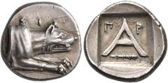 The Kleinkunst Collection ARGOLIS. Argos. Circa 330-270 BC. Triobol (Silver, 15 mm, 2.71 g, 8 h). Forepart of a wolf at bay to right; above, ΣI. Rev. Large A with small Π-P above and club to right bel