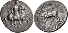 The Kleinkunst Collection IONIA. Magnesia ad Maeandrum. Circa 350-325 BC. Tetradrachm (Silver, 28 mm, 15.15 g, 12 h), Rhodian standard. Pitthion, magistrate. Helmeted warrior, in military attire and h
