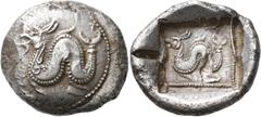 The Kleinkunst Collection DYNASTS OF LYCIA. Uncertain dynast, circa 480 BC. Stater (Silver, 24 mm, 9.38 g, 7 h). Ketos to left on raised round shield. Rev. Ketos to left within dotted square within in