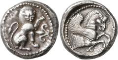 The Kleinkunst Collection DYNASTS OF LYCIA. Amm..., circa 480-460 BC. Stater (Silver, 20 mm, 9.51 g, 11 h). 𐊀𐊎𐊎 ('Amm' in Lycian) Lion seated to right, head facing and left foreleg raised; before, 