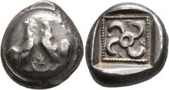The Kleinkunst Collection DYNASTS OF LYCIA. Teththiweibi, circa 450-430/20 BC. Stater (Silver, 18 mm, 8.39 g), Kandyba (?). Two roosters standing facing each other; between them, symbol; all on raised