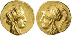 The Kleinkunst Collection CYPRUS. Salamis. Evagoras II, circa 361-351 BC. 1/12 Stater (Gold, 9 mm, 0.72 g, 11 h). Turreted head of Aphrodite to right, wearing pendant earring. Rev. Head of Athena to l