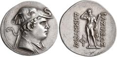 The Kleinkunst Collection BAKTRIA, Greco-Baktrian Kingdom. Demetrios I, circa 200-185 BC. Tetradrachm (Silver, 33 mm, 17.19 g, 12 h), Baktra. Diademed and draped bust of Demetrios I to right, wearing 