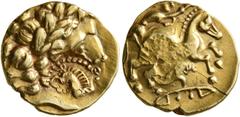 Greek CELTIC, Central Gaul. Bituriges Cubi or Lemovices. 2nd century BC. 1/4 Stater (Gold, 14 mm, 1.84 g, 10 h), 'au signe en forme de joug' type. Laureate head of Apollo to right; on cheek, counterma
