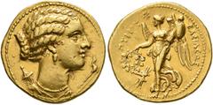 Greek SICILY. Syracuse. Pyrrhos, 278-276 BC. Hemistater or Dekadrachm (Gold, 17 mm, 4.23 g, 6 h). Draped bust of Artemis to right, wearing pendant earring and pearl necklace, and with her quiver behin
