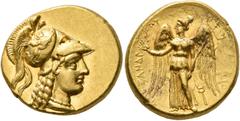 Greek KINGS OF MACEDON. Alexander III ‘the Great’, 336-323 BC. Stater (Gold, 18 mm, 8.60 g, 3 h), Tarsos, struck under Balakros or Menes, circa 332/1-328/7. Head of Athena to right, wearing crested Co