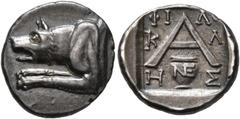 Greek ARGOLIS. Argos. Circa 90-50 BC. Triobol (Silver, 15 mm, 2.34 g, 7 h), Philokles, magistrate. Forepart of a wolf at bay to left. Rev. Large A; below, krater inscribed NE; around, ΦI-ΛO/K-Λ/H-Σ; a