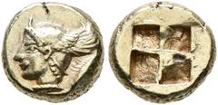 Greek MYSIA. Kyzikos. Circa 550-450 BC. Hemihekte – 1/12 Stater (Electrum, 8 mm, 1.34 g). Head of Perseus to left, wearing winged helmet; to right, tunny downward. Rev. Quadripartite incuse square. BM