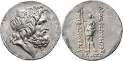 Greek IONIA. Klazomenai. Circa 170-151/0 BC. Tetradrachm (Silver, 32 mm, 16.81 g, 12 h), Attic standard. Laureate head of Zeus to right, bearded and with a strand of hair falling loose before the fore