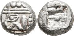 Greek LYCIA. Phaselis. Circa 500-480 BC. Stater (Silver, 18 mm, 10.93 g). Forepart of a galley to left, terminating in a boar's forepart; below, [dolphin]. Rev. Incuse square divided by two bands, wit