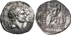 Greek SELEUKID KINGS OF SYRIA. Demetrios I Soter, with Laodike IV, 162-150 BC. Tetradrachm (Silver, 28 mm, 16.80 g, 1 h), Seleukeia on the Tigris. Jugate busts of Demetrios I, diademed, and Laodike, d