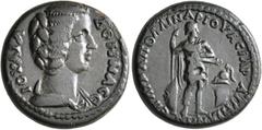 Roman Provincial PHRYGIA. Appia. Julia Domna, Augusta, 193-217. Assarion (Bronze, 20 mm, 7.24 g, 6 h), Aur. Apollinarios, asiarch. IOYΛIA ΔOMNA CЄ Draped bust of Julia Domna to right. Rev. EΠ AYP AΠΟΛ