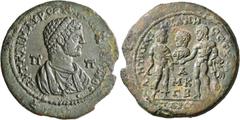 Roman Provincial CILICIA. Tarsus. Caracalla, 198-217. Hexassarion (Bronze, 35 mm, 22.00 g, 12 h), 215-217. ΑΥΤ•ΚΑI•Μ•ΑΥΡ•CЄΥΗΡΟC•ΑΝΤΩΝЄΙΝΟC• / Π - Π Bust of Caracalla to right, wearing crown and garme
