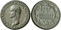 Roman Imperial Gaius (Caligula), 37-41. Sestertius (Orichalcum, 35 mm, 29.95 g, 7 h), Rome, 37-38. C CAESAR AVG GERMANICVS PON M TR POT Laureate head of Gaius to left. Rev. S•P•Q•R / P•P / OB•CIVES / 