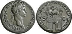 Roman Imperial Claudius, 41-54. Sestertius (Orichalcum, 36 mm, 29.22 g, 6 h), Rome, 42-43. TI CLAVDIVS•CAESAR•AVG P M TR P•IMP•P•P• Laureate head of Claudius to right. Rev. NERO CLAVDIVS DRVSVS GERMAN