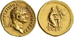 Roman Imperial Domitian, as Caesar, 69-81. Aureus (Gold, 19 mm, 7.25 g, 6 h), Rome, 77-78. CAESAR AVG F DOMITIANVS Laureate head of Domitian to right. Rev. COS V Captive kneeling to right, extending h