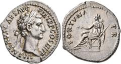 Roman Imperial Nerva, 96-98. Denarius (Silver, 19 mm, 3.45 g, 7 h), Rome, 97. IMP NERVA CAES AVG P M TR P COS III P P Laureate head of Nerva to right. Rev. FORTVNA P R Fortuna seated left on throne, h