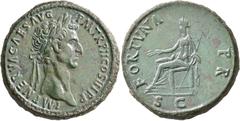 Roman Imperial Nerva, 96-98. Sestertius (Orichalcum, 34 mm, 29.57 g, 6 h), Rome, 97. IMP NERVA CAES AVG P M TR P II COS III P P Laureate head of Nerva to right. Rev. FORTVNA P R / S C Fortuna seated l