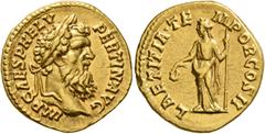 Roman Imperial Pertinax, 193. Aureus (Gold, 21 mm, 7.31 g, 6 h), Rome, 1 January-28 March 193. IMP CAES P HELV PERTIN•AVG Laureate head of Pertinax to right. Rev. LAETITIA•TEMPOR COS II Laetitia stand