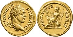 Roman Imperial Caracalla, 198-217. Aureus (Gold, 21 mm, 7.21 g, 1 h), Rome, 206-early 208. ANTONINVS PIVS AVG Laureate head of Caracalla to right. Rev. RESTITVTOR VRBIS Roma seated left, holding palla