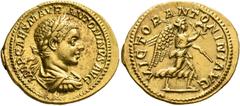 Roman Imperial Elagabalus, 218-222. Aureus (Gold, 22 mm, 6.22 g, 7 h), Rome, 218-219. IMP CAES M AVR ANTONINVS AVG Laureate, draped and cuirassed bust of Elagabalus to right. Rev. VICTOR ANTONINI AVG 