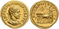 Roman Imperial Elagabalus, 218-222. Aureus (Gold, 21 mm, 6.08 g, 1 h), Rome, 220. IMP ANTONINVS PIVS AVG Laureate and cuirassed bust of Elagabalus to right. Rev. P M TR P III COS III P P Elagabalus, l