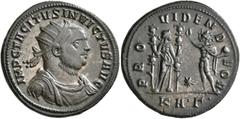 Roman Imperial Tacitus, 275-276. Antoninianus (Silvered bronze, 23 mm, 4.59 g, 1 h), Serdica, early-June 276. IMP C TACITVS INVICTVS AVG Radiate, draped and cuirassed bust of Tacitus to right. Rev. PR