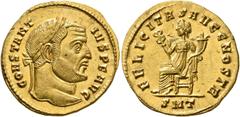Roman Imperial Constantius I, 305-306. Aureus (Gold, 20 mm, 5.32 g, 6 h), Ticinum, 305-306. CONSTANT-IVS P F AVG Laureate head of Constantius I to right. Rev. FELICITAS AVGG NOSTR / SMT Felicitas seat