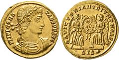 Roman Imperial Constans, 337-350. Solidus (Gold, 21 mm, 4.50 g, 7 h), Siscia, 342/3. FL IVL CONS-TANS P F AVG Laurel-and-rosette-diademed, draped and cuirassed bust of Constans to right. Rev. OB VICTO