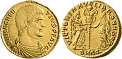 Roman Imperial Magnentius, 350-353. Solidus (Gold, 21 mm, 4.39 g, 12 h), Aquileia, 351-352. D N MAGNEN-TIVS AVG Bare-headed, draped and cuirassed bust of Magnentius to right. Rev. VICTORIA AVG LIB ROM