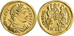 Roman Imperial Valens, 364-378. Solidus (Gold, 21 mm, 4.49 g, 1 h), Antiochia, 372. D N VALENS P F AVG Laurel-and-rosette-diademed, draped and cuirassed bust of Valens to right. Rev. GLORIA R-O-MANORV