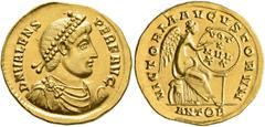 Roman Imperial Valens, 364-378. Solidus (Gold, 22 mm, 4.50 g, 6 h), Antiochia, 372. D N VALENS PER F AVG Pearl-diademed, draped and cuirassed bust of Valens to right. Rev. VICTORIA AVGVSTORVM / ANTOB 