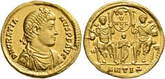 Roman Imperial Gratian, 367-383. Solidus (Gold, 21 mm, 4.44 g, 5 h), Antiochia, February-March 368. D N GRATIA-NVS P F AVG Pearl-diademed, draped and cuirassed bust of Gratian to right. Rev. S-PE-S R-