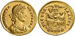 Roman Imperial Gratian, 367-383. Solidus (Gold, 21 mm, 4.48 g, 12 h), Treveri, 376-mid 377. D N GRATIA-NVS P F AVG Pearl-diademed, draped and cuirassed bust of Gratian to right. Rev. VICTOR-IA AVGG / 
