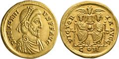 Roman Imperial Eugenius, 392-394. Solidus (Gold, 21 mm, 4.46 g, 7 h), Lugdunum, 22 August 392-September 394. D N EVGENI-VS P F AVG Pearl-diademed, draped and cuirassed bust of Eugenius to right. Rev. 