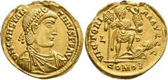 Roman Imperial Constantine III, 407-411. Solidus (Gold, 22 mm, 4.46 g, 12 h), Lugdunum, 408-411. D N CONSTAN-TINVS P P AVG Pearl-diademed, draped and cuirassed bust of Constantine III to right. Rev. V