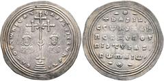 Byzantine Basil II Bulgaroktonos, with Constantine VIII, 976-1025. Miliaresion (Silver, 29 mm, 2.94 g, 6 h), Constantinopolis, 989-1025. ЄҺ TOVTω ҺICAT' - baSILЄI C CωҺST' Cross crosslet, with X at ce