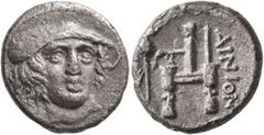 Greek THRACE. Ainos. Circa 357-342/1 BC. Drachm (Silver, 16 mm, 3.64 g, 12 h). Head of Hermes facing slightly to right, wearing petasos. Rev. AINION Archaic cult image of Hermes standing to left on th