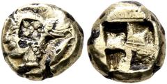Greek MYSIA. Kyzikos. Circa 550-450 BC. Myshemihekte – 1/24 Stater (Electrum, 8 mm, 0.75 g), a contemporary plated imitation. Head of Perseus to left, wearing winged helmet; to right, tunny downward; 