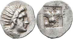 Greek ISLANDS OFF CARIA, Rhodos. Rhodes. Circa 170-150 BC. Drachm (Silver, 18 mm, 2.80 g, 11 h), 'Plinthophoric' coinage. Artemon, magistrate. Radiate head of Helios to right. Rev. APTHMΩN / P-O Rose 