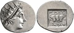 Greek ISLANDS OFF CARIA, Rhodos. Rhodes. Circa 88-84 BC. Drachm (Silver, 16 mm, 2.09 g, 12 h), 'Plinthophoric' coinage. Maes, magistrate. Radiate head of Helios to right. Rev. ΜΑΗΣ / P - O Rose with b