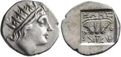 Greek ISLANDS OFF CARIA, Rhodos. Rhodes. Circa 88-84 BC. Drachm (Silver, 15 mm, 2.25 g, 12 h), 'Plinthophoric' coinage. Maes, magistrate. Radiate head of Helios to right. Rev. ΜΑΗΣ / P - O Rose with b