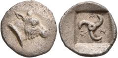 Greek LYCIA. Limyra. Circa 440-430 BC. Obol (Silver, 12 mm, 1.00 g). Head of a cow to right. Rev. 𐊈-𐊘-𐊎 ('zem' in Lycian) around triskeles; all within incuse square. Müseler -. SNG Copenhagen -. SN