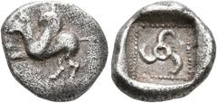 Greek DYNASTS OF LYCIA. Uncertain dynast, circa 480/70-430 BC. 1/6 Stater (Silver, 11 mm, 1.28 g). Pegasos flying left. Rev. Triskeles; all within incuse square. Müseler IV, 85. Very rare and nicely t