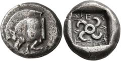 Greek DYNASTS OF LYCIA. Teththiweibi, circa 450-430/20 BC. Stater (Silver, 19 mm, 8.38 g). Forepart of a winged boar to left. Rev. 𐊗𐊁-𐊉𐊆-𐊇𐊁-𐊆𐊂𐊆 ('tethiveibi' in Lycian) Tetraskeles; all withi