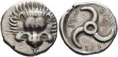 Greek DYNASTS OF LYCIA. Trbbenimi, circa 390-370 BC. 1/3 Stater (Silver, 16 mm, 3.15 g). Facing lion's scalp; below, 𐊗. Rev. 𐊗𐊕𐊂-𐊂𐊚𐊏-𐊆𐊎𐊆 ('Trbwbãnimi (sic!)' in Lycian) Triskeles. Müseler VI