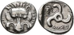 Greek DYNASTS OF LYCIA. Perikles, circa 380-360 BC. 1/3 Stater (Silver, 15 mm, 3.05 g, 6 h). Facing lion's scalp. Rev. 𐊓[𐊁]-𐊕-𐊆𐊋𐊍𐊁 ('Perikle' in Lycian) Triskeles; to upper left, facing laureat
