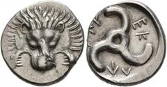 Greek DYNASTS OF LYCIA. Perikles, circa 380-360 BC. 1/3 Stater (Silver, 15 mm, 2.79 g). Facing lion's scalp. Rev. 𐊓𐊁𐊕-𐊆𐊋-𐊍𐊁 ('Perikle' in Lycian) Triskeles. BMC 157. Müseler VIII, 49. SNG von A